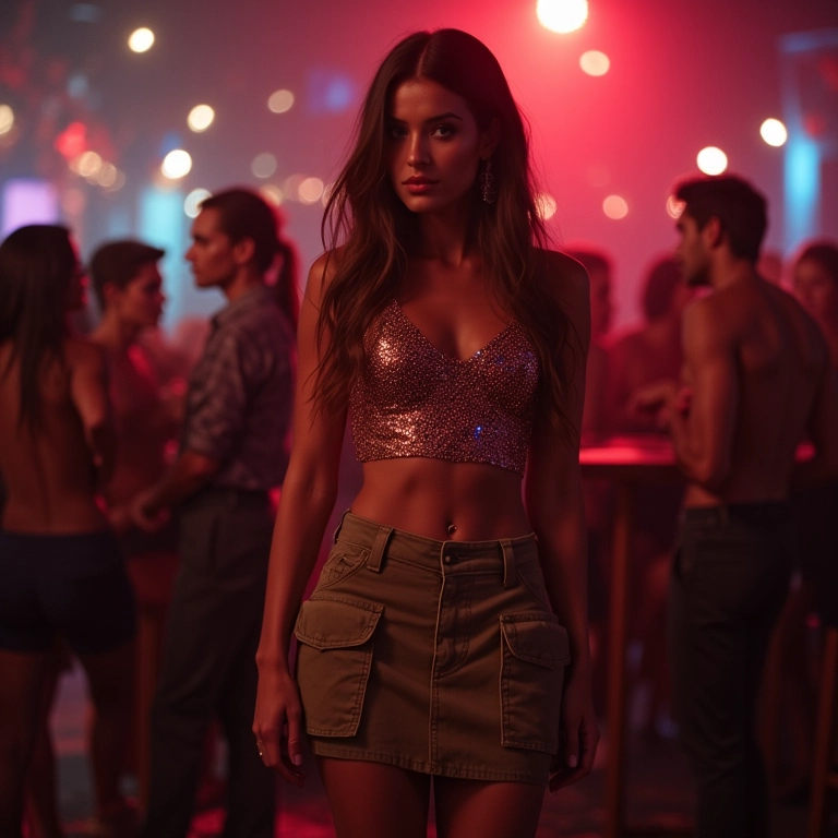 Saia cargo e blusa de paetês, mulher em festa.