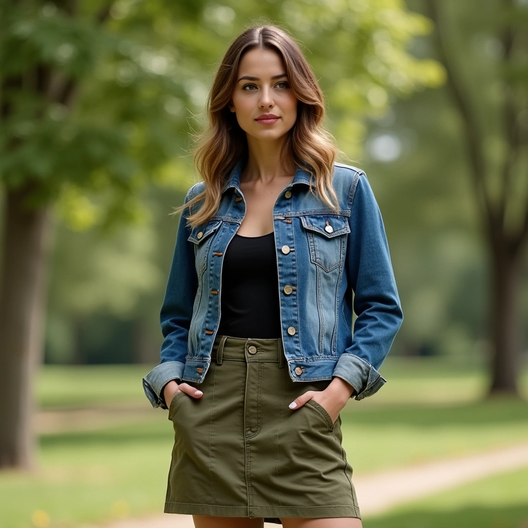 Saia cargo e jaqueta jeans, mulher em parque com luz natural.