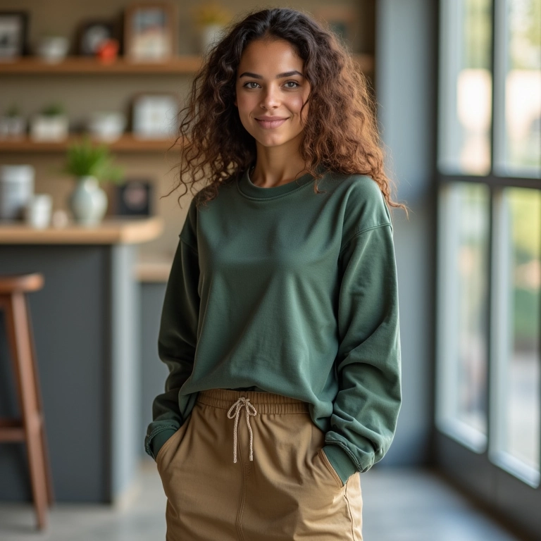 Saia cargo e moletom, mulher em ambiente casual.
