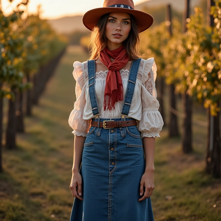 Saia jeans com blusa de renda e lenço: look feminino para o São João.