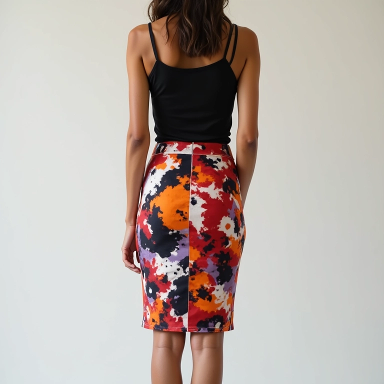 Saia lápis estampada com padrão geométrico e blusa preta.