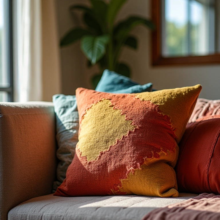 Sala aconchegante com almofadas coloridas no sofá, capa de almofada feita à mão.