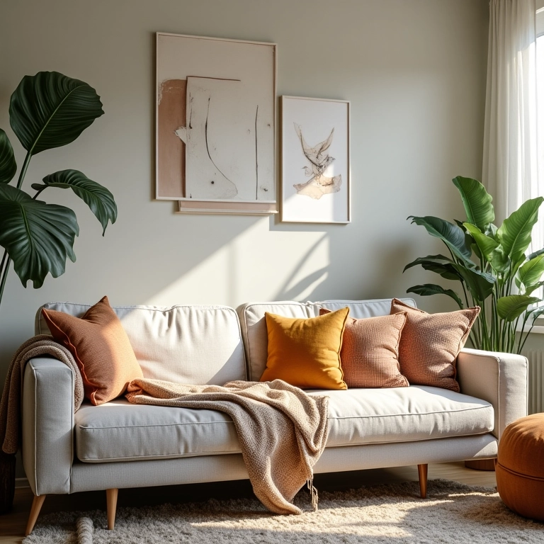 Sala aconchegante com almofadas decorativas vibrantes em sofá neutro.