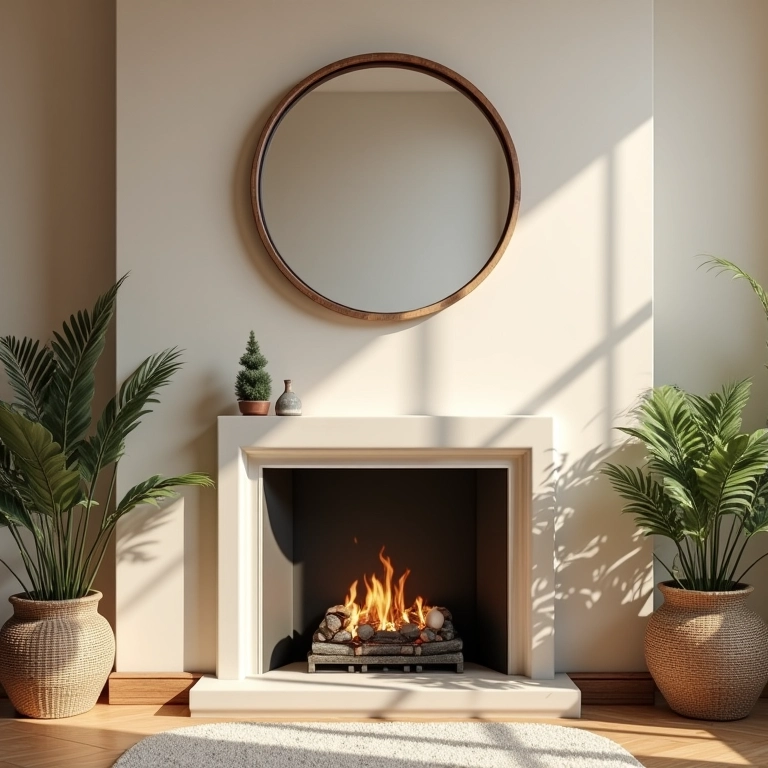 Sala aconchegante com espelho redondo sobre lareira.