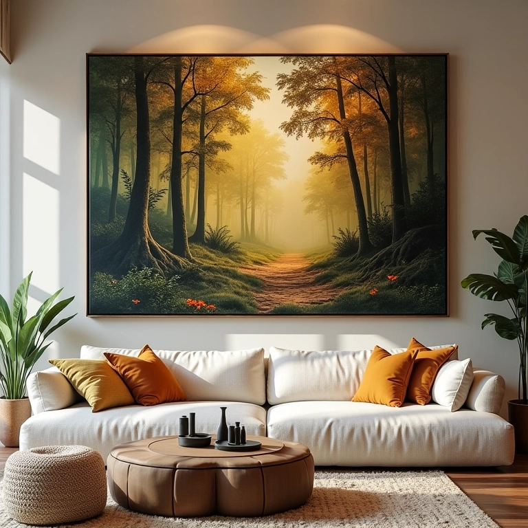Sala aconchegante com grande paisagem de floresta, luz quente e texturas naturais.