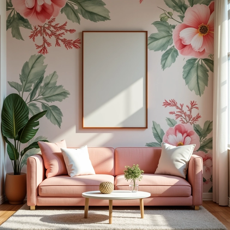 Sala aconchegante com papel de parede floral e luz natural.