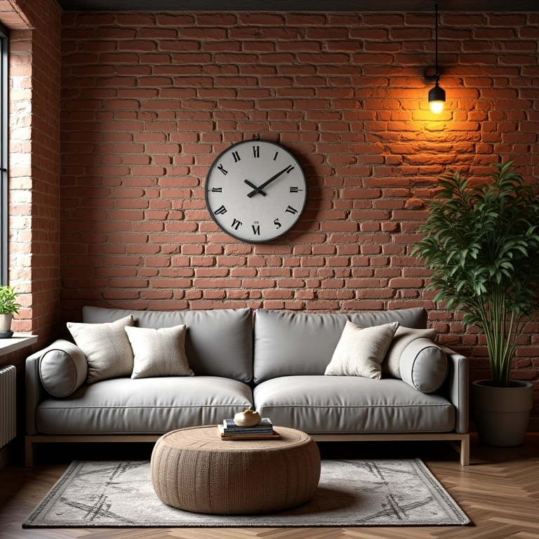 Sala aconchegante com papel de parede tijolinho e estilo industrial.