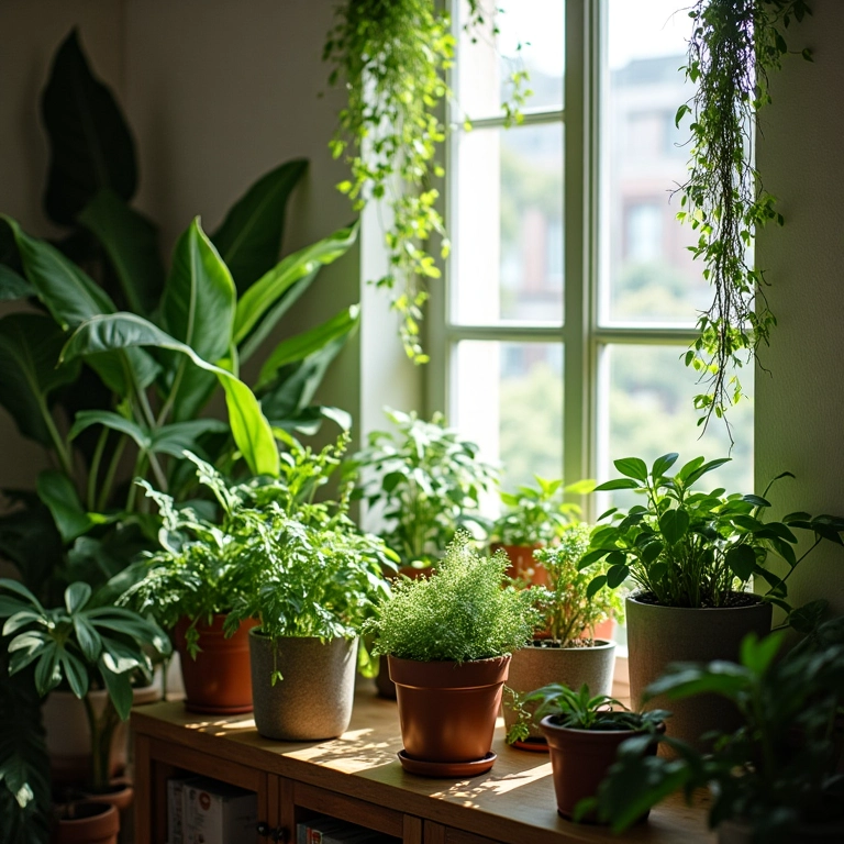Sala boho com plantas em vasos e trepadeiras penduradas.