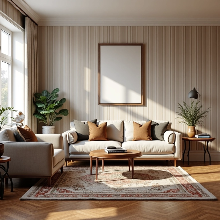 Sala clássica com papel de parede listrado e tapete brasileiro.