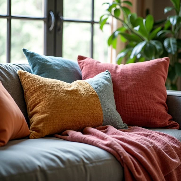 Sala com almofadas customizadas em cores vibrantes e texturas diversas.