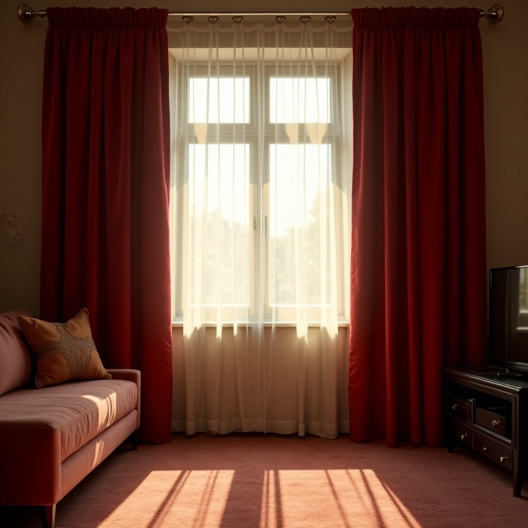 Sala com cortinas de veludo pesadas, bloqueando a luz e acumulando poeira.