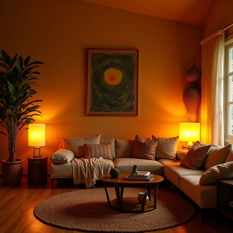 Sala com iluminação quente e aconchegante proveniente de diversas luminárias.