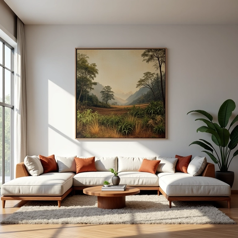 Sala com quadro grande de paisagem sobre sofá moderno, estilo brasileiro.