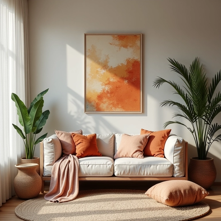 Sala com rede combinando com a paleta de cores, design harmonioso, almofadas e arte brasileira.