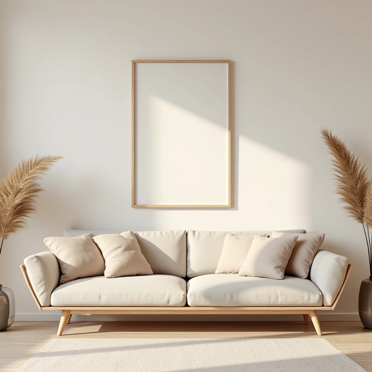 Sala com sofá bege, móveis de madeira clara e arte minimalista em cores neutras.