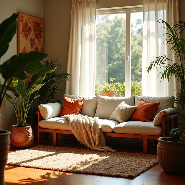 Sala de estar acolhedora com iluminação suave e design brasileiro.
