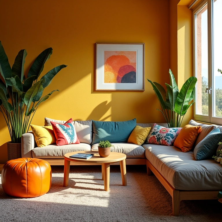 Sala de estar aconchegante com decoração DIY e móveis reciclados.