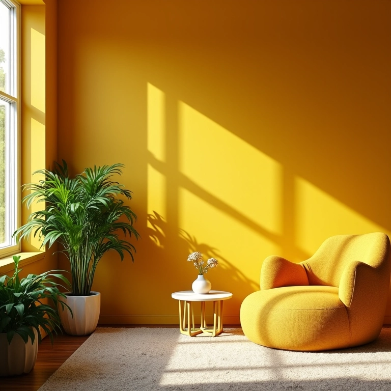 Sala de estar aconchegante com decoração em amarelo mostarda vibrante, estilo brasileiro.