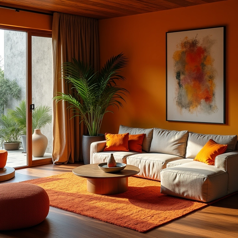 Sala de estar aconchegante com design brasileiro vibrante e luz natural.