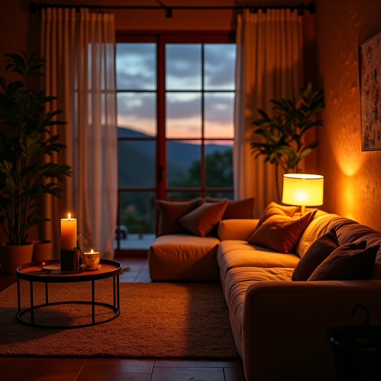 Sala de estar aconchegante com iluminação quente e design brasileiro.