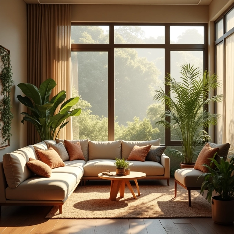 Sala de estar aconchegante com iluminação suave, plantas e móveis confortáveis, representando um ambiente acolhedor.