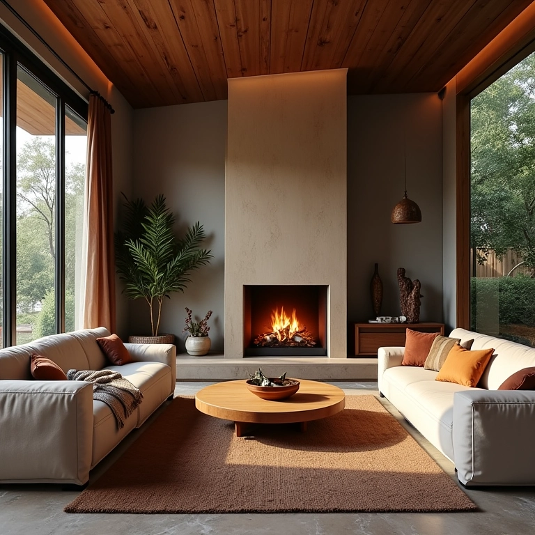 Sala de estar aconchegante com lareira, design brasileiro e iluminação natural.