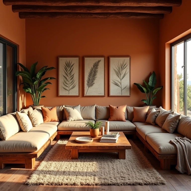 Sala de estar aconchegante com móveis rústicos de madeira de demolição e decoração brasileira.