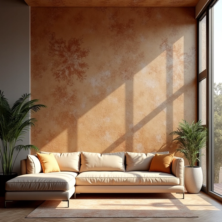 Sala de estar aconchegante com papel de parede texturizado.