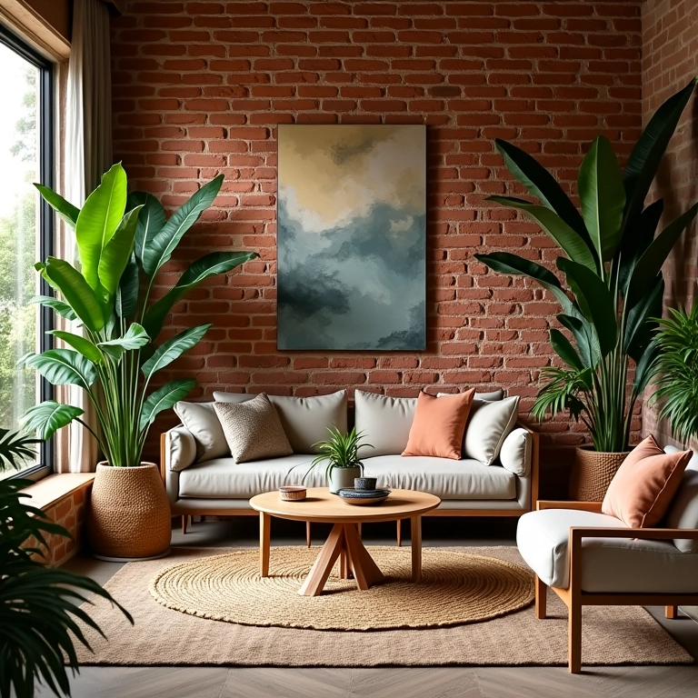 Sala de estar aconchegante com parede de tijolinho aparente e decoração vibrante em estilo brasileiro.
