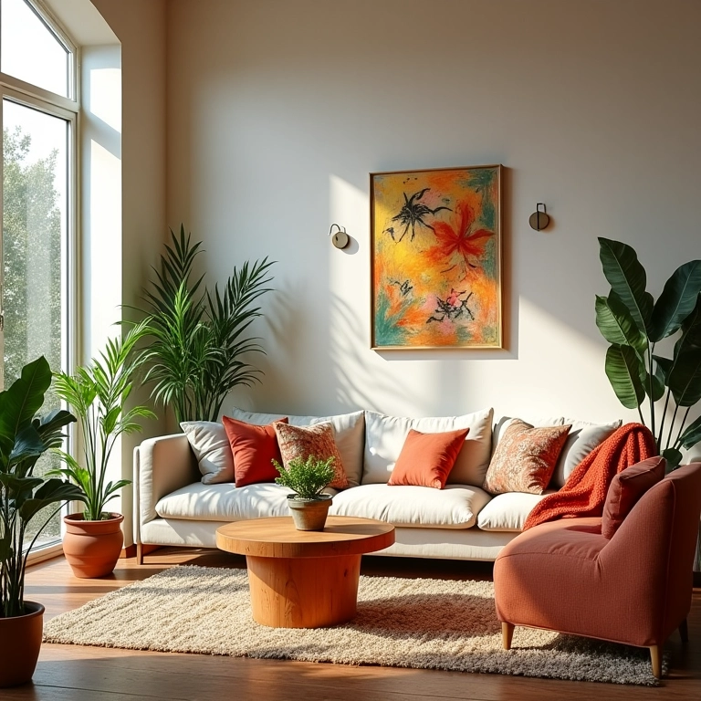 Sala de estar aconchegante com paredes marfim e decoração brasileira vibrante.
