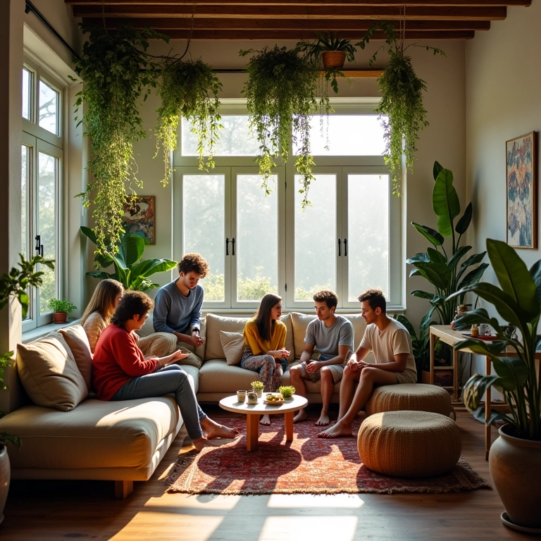 Sala de estar aconchegante com plantas suspensas e decoração vibrante em estilo Farm Rio.
