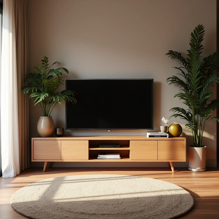 Sala de estar aconchegante com rack funcional e design brasileiro otimizando o espaço.