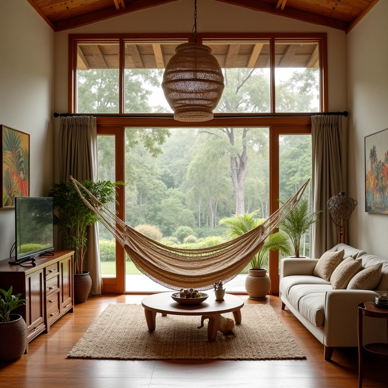 Sala de estar aconchegante com rede como destaque, iluminação natural e design brasileiro.