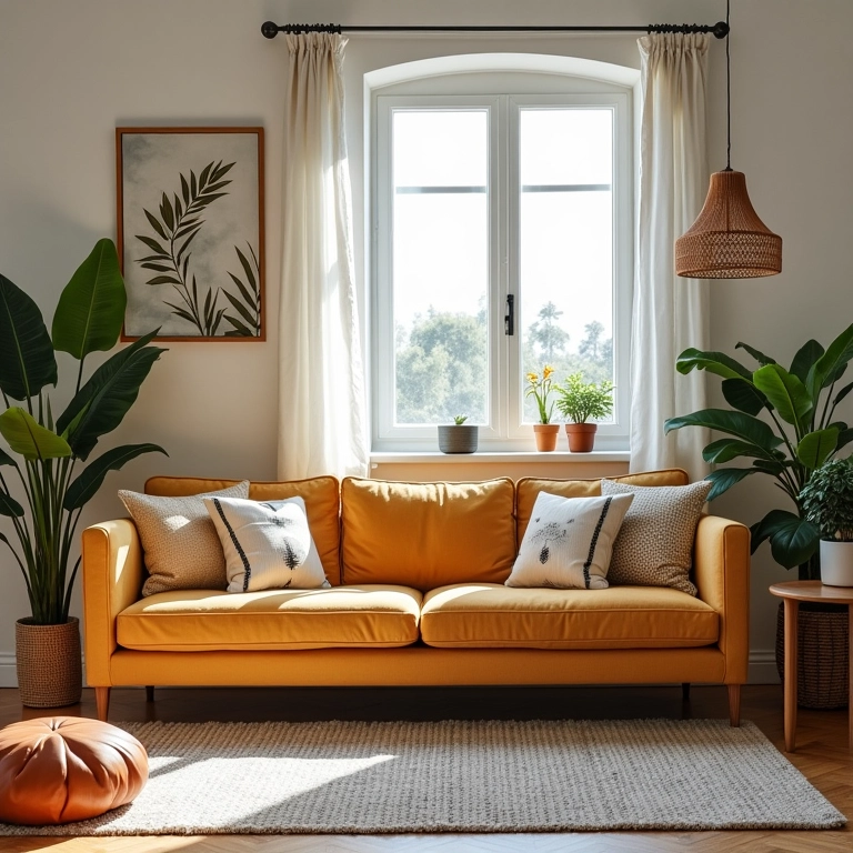 Sala de estar aconchegante com sofá confortável e design brasileiro.