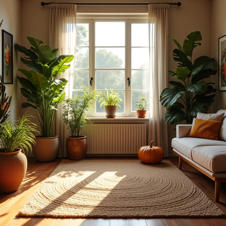 Sala de estar aconchegante com tapete de fibra natural e iluminação natural.