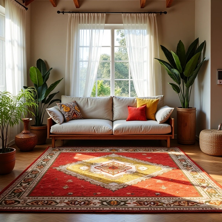 Sala de estar aconchegante com tapete vibrante e design brasileiro.