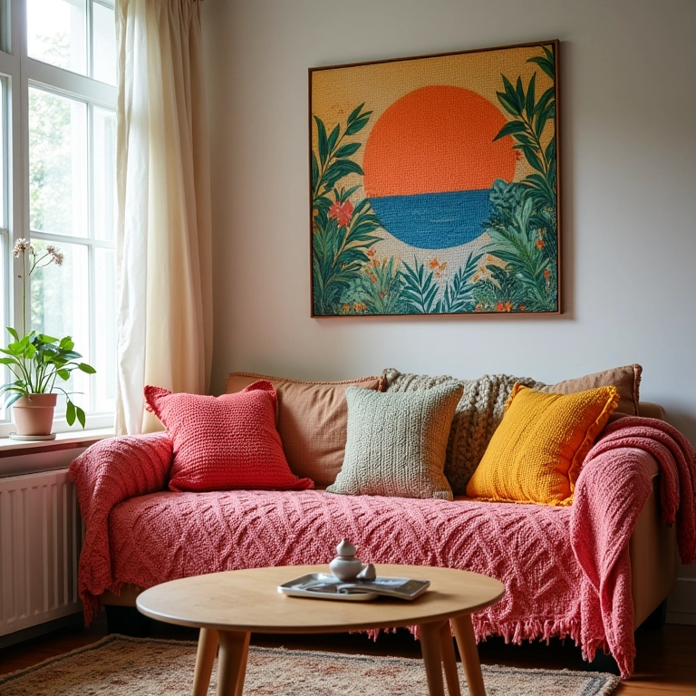 Sala de estar aconchegante decorada com peças de crochê vibrantes, ideal para o Dia das Mães.