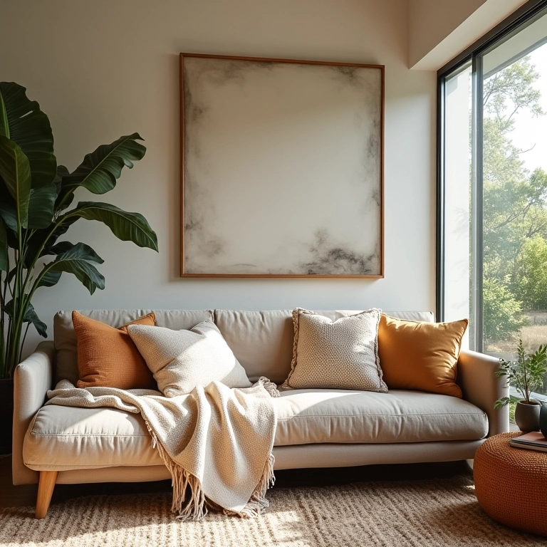 Sala de estar aconchegante decorada com tecidos diversos, almofadas e plantas.