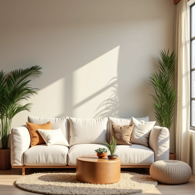 Sala de estar aconchegante em tons de creme e bege, com texturas e iluminação natural.