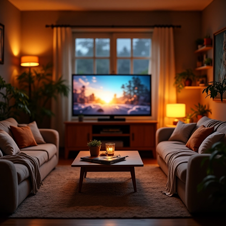 Sala de estar aconchegante pronta para noite de jogos.