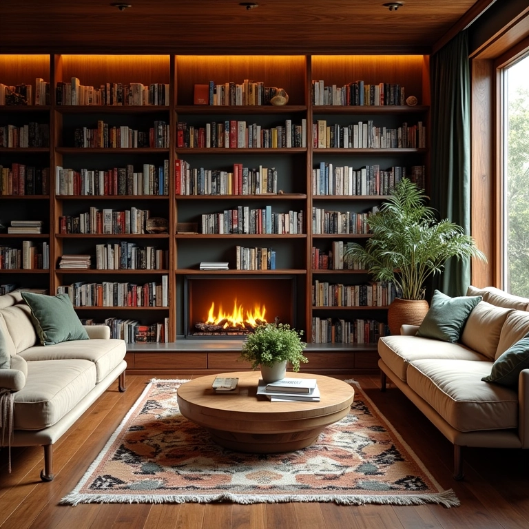 Sala de estar aconchegante repleta de livros e decoração brasileira.