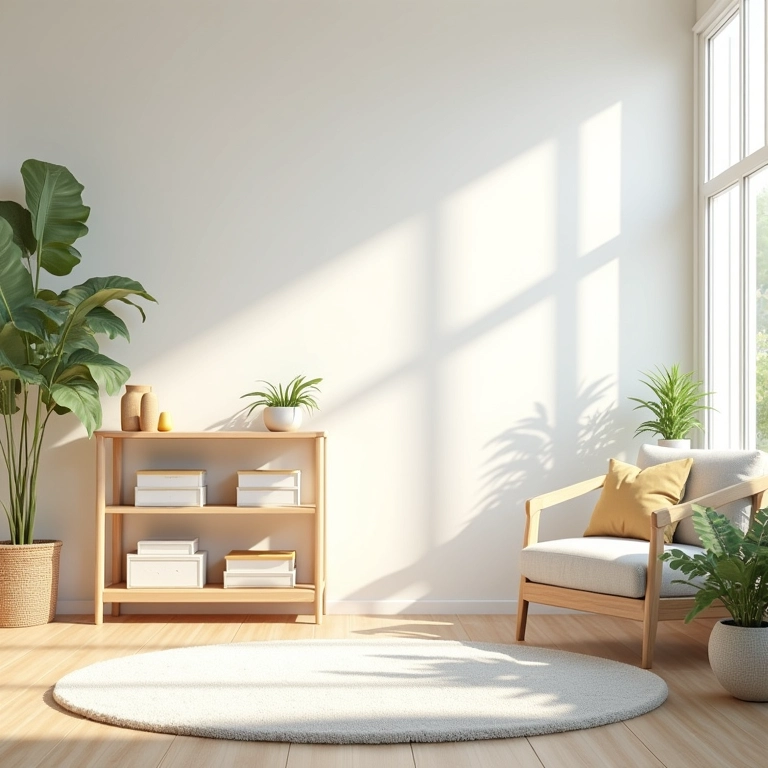 Sala de estar arejada com princípios Montessori, iluminação natural e móveis minimalistas.