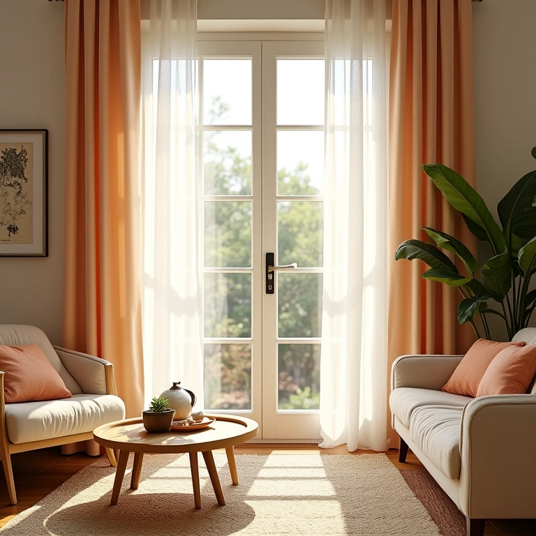 Sala de estar bem iluminada com cortinas e persianas, design brasileiro.