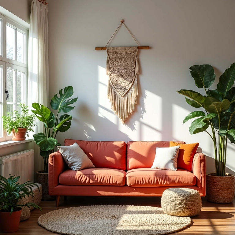 Sala de estar boho chic com cores vibrantes, plantas e decoração artesanal.