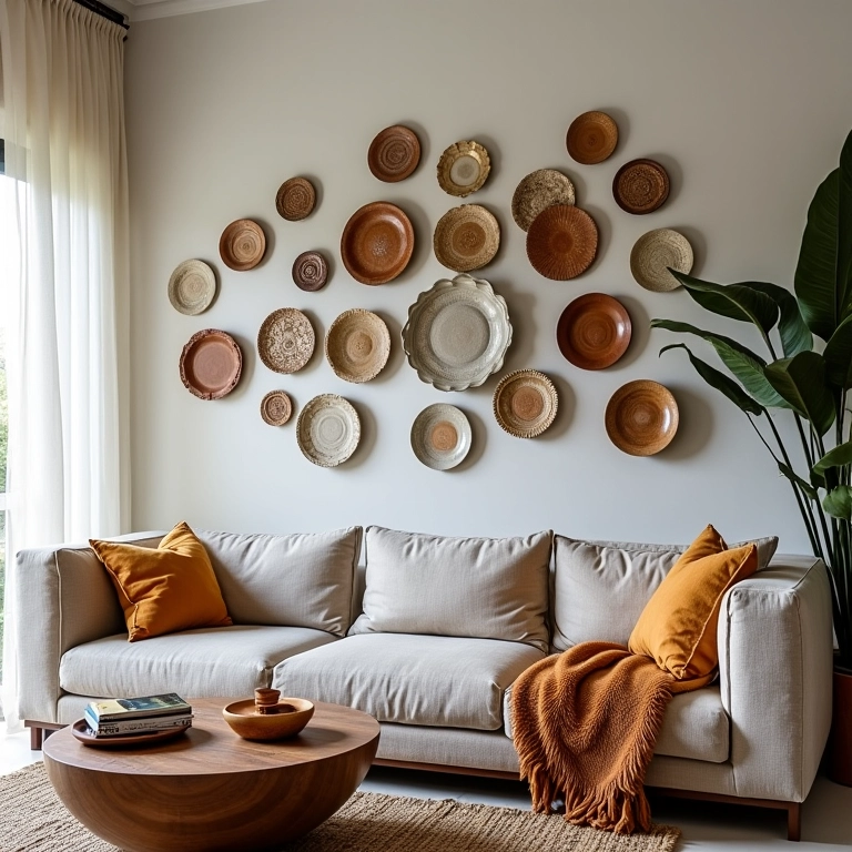 Sala de estar brasileira com decoração de parede com pratos.