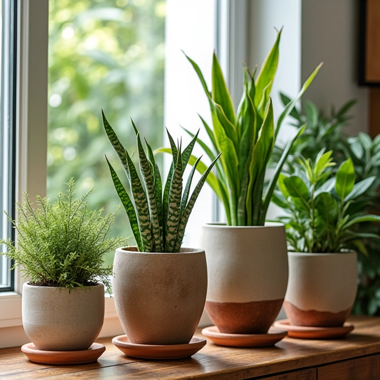 Sala de estar brasileira com vasos de plantas decorativos diversos.