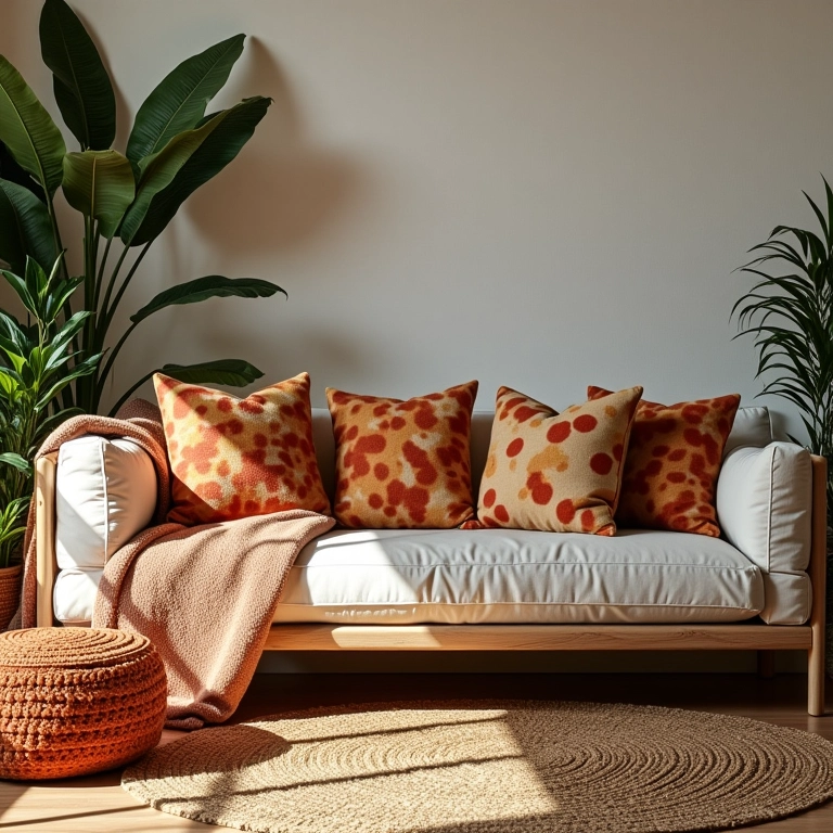 Sala de estar brasileira decorada com estampa vichy em almofadas e mantas.
