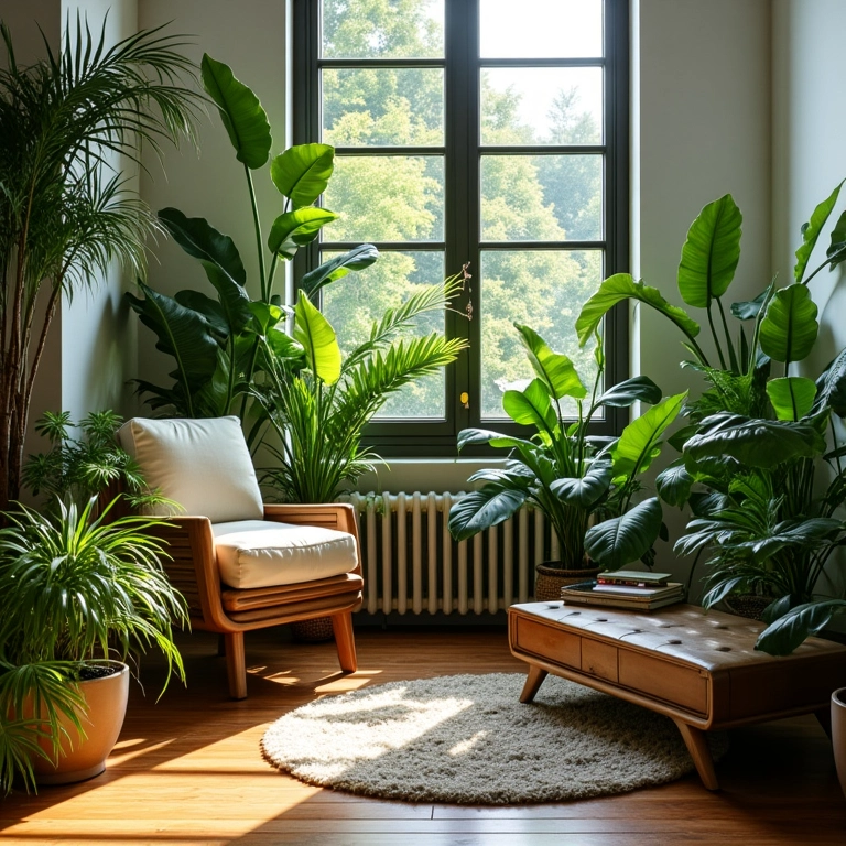 Sala de estar brasileira decorada com plantas artificiais vibrantes.