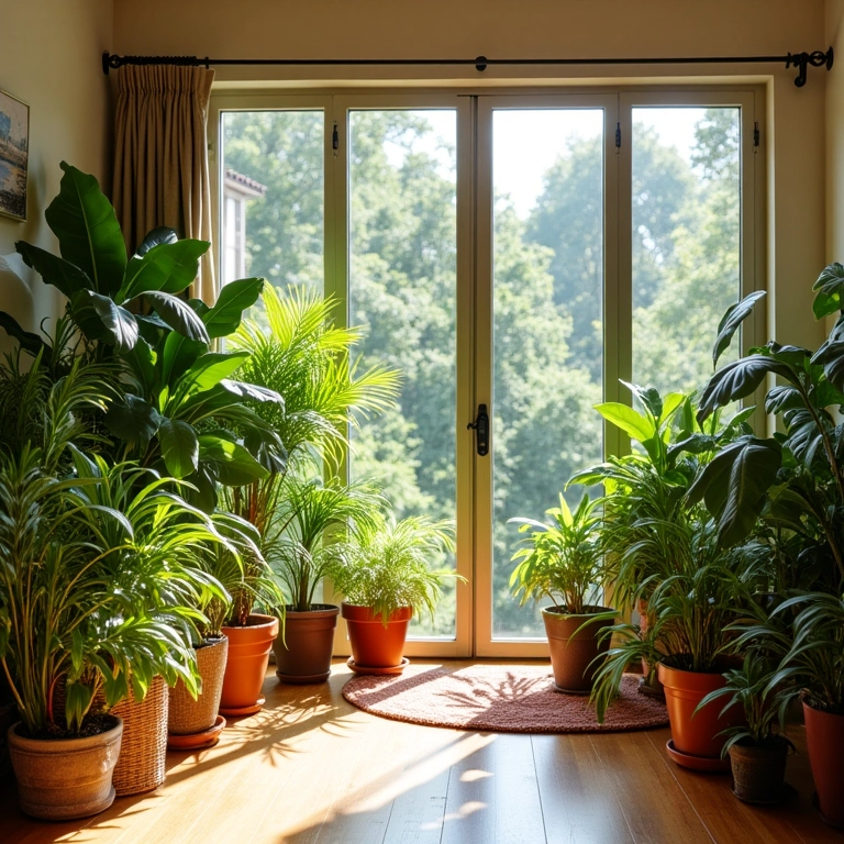 Sala de estar brasileira ensolarada com plantas exuberantes, transmitindo tranquilidade.