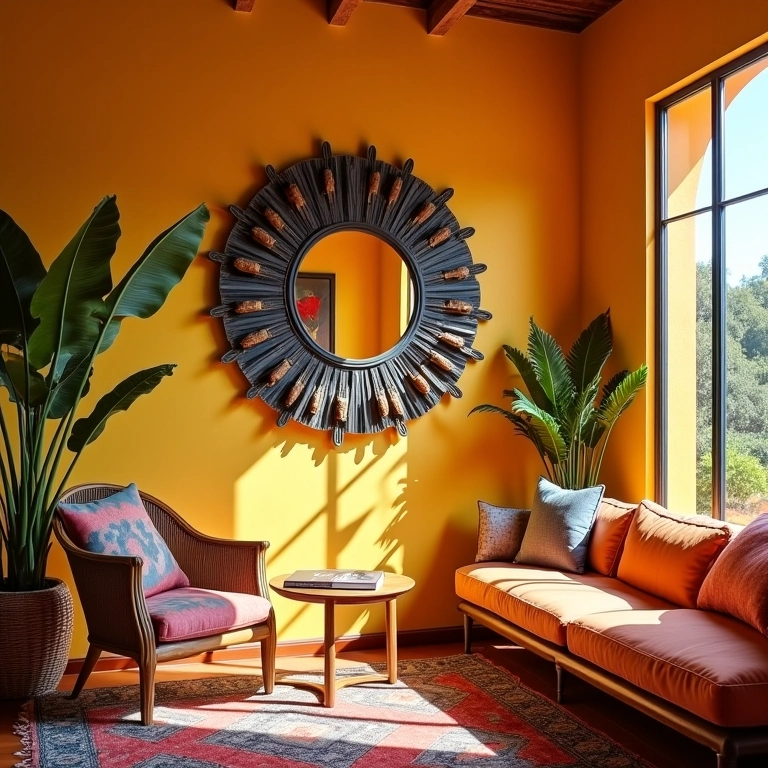 Sala de estar brasileira iluminada com espelho decorativo amplo refletindo a luz solar.